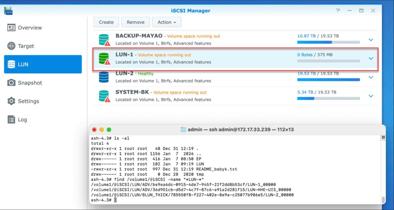 Khách hàng cung cấp hệ thống AS Synology RS3617xs+ bị ransomware, lỗi iSCSI LUN