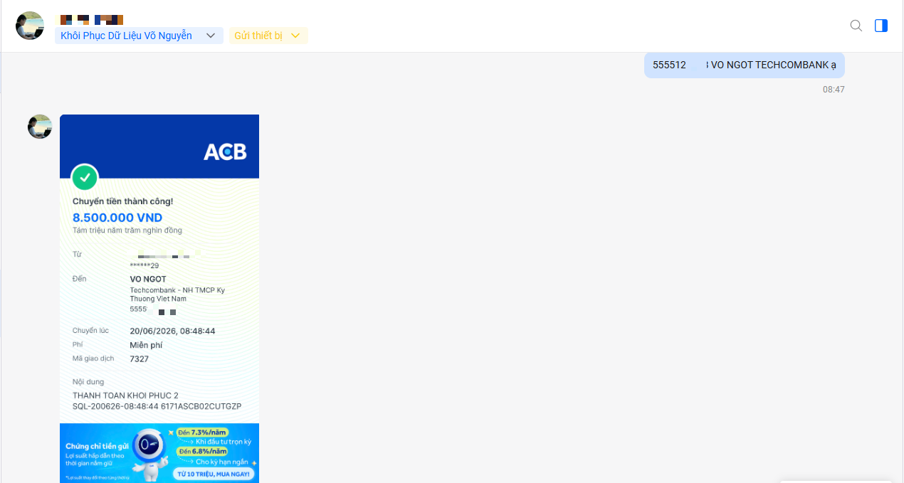 Biên lai chuyển khoản ACB 8,500,000 VNĐ thanh toán dịch vụ phục hồi 2 máy ảo MISA