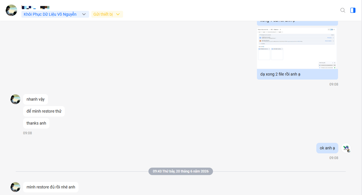 Screenshot chat Zalo xác nhận khách hàng restore thành công 2 máy ảo MISA Internal và MISA Tax