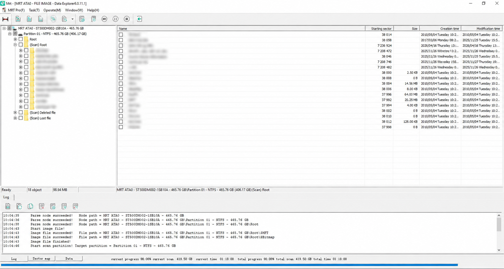 MRT Data Explorer hiển thị cây thư mục NTFS 18 objects trên image ổ Seagate ST500DM002 chết cơ