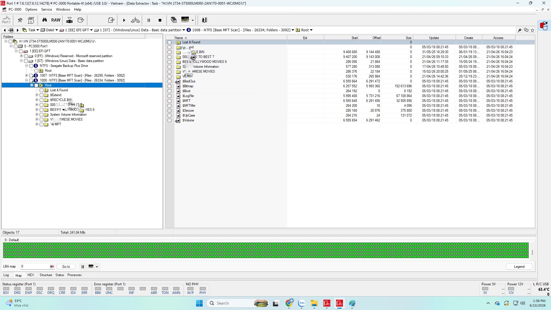 Data Extractor PC-3000 cây thư mục NTFS ổ Seagate 5TB WCJ0MG1J: 17 objects, phim video