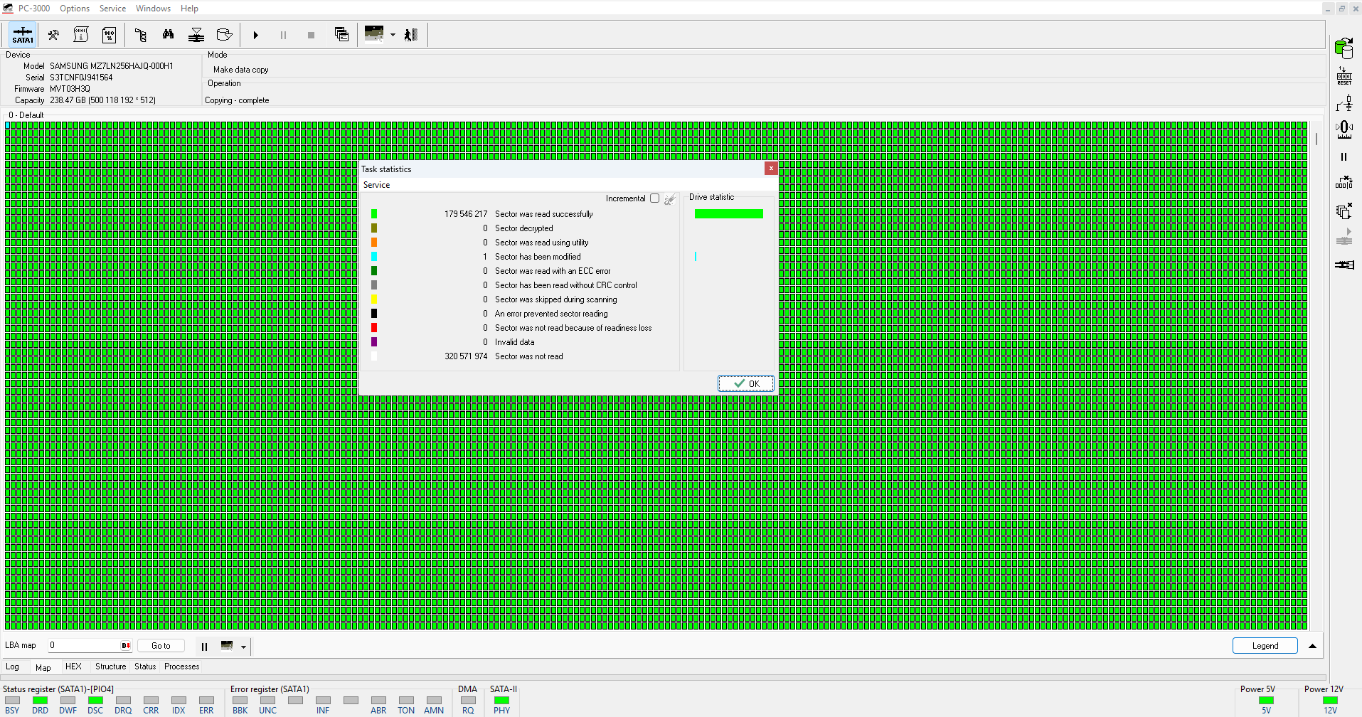 Log PC-3000 Task Statistics SSD Samsung PM871b: map toàn xanh, copy complete, không có sector lỗi