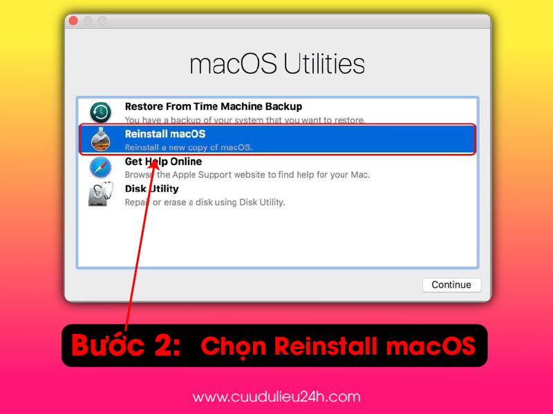 Tiếp tục chọn Reinstall macOS từ macOS Utilities