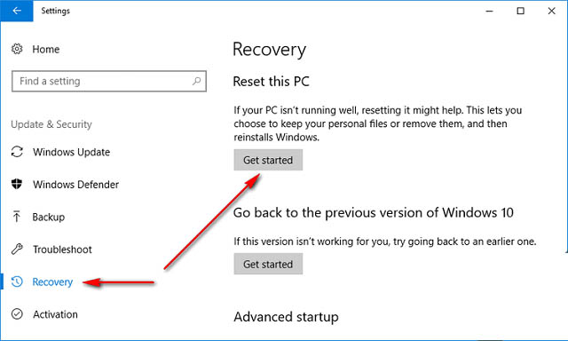 Chọn Get Started ngay dưới thư mục Reset this PC