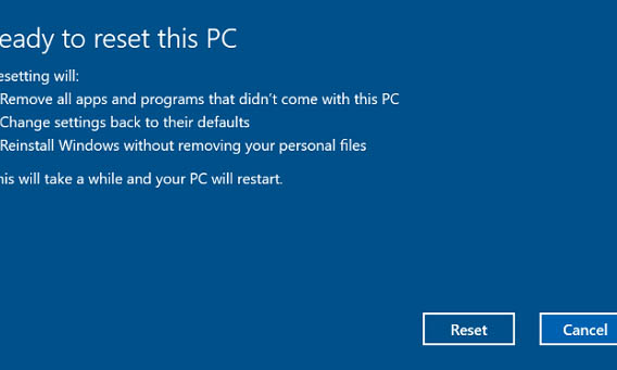 Click chọn Reset để thực hiện Reset lại hệ điều h&agrave;nh