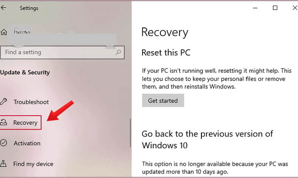 Click chuột v&agrave;o thư mục Recovery trong cửa sổ Setting