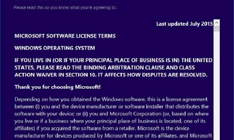 Hộp thoại License Terms mở ra