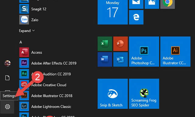 Truy cập v&agrave;o Setting th&ocirc;ng qua Start Menu tại giao diện m&agrave;n h&igrave;nh