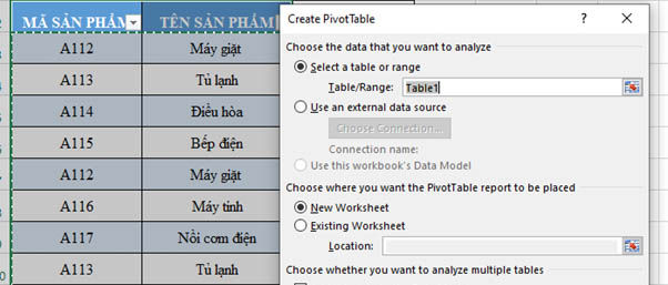 Bảng Create Pivot Table