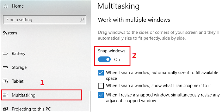 Bật t&iacute;nh năng chia m&agrave;n h&igrave;nh tr&ecirc;n Windows 10