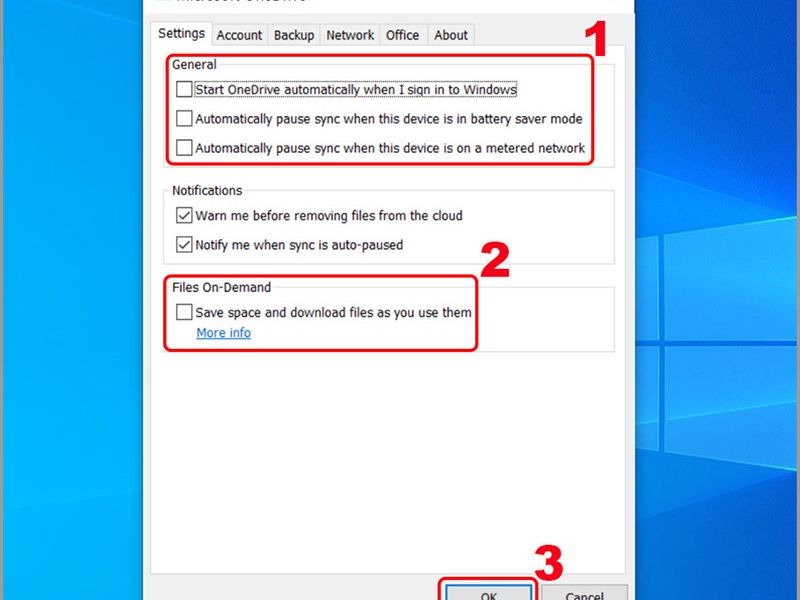 Bỏ mục dấu check ở Files On - Demand 