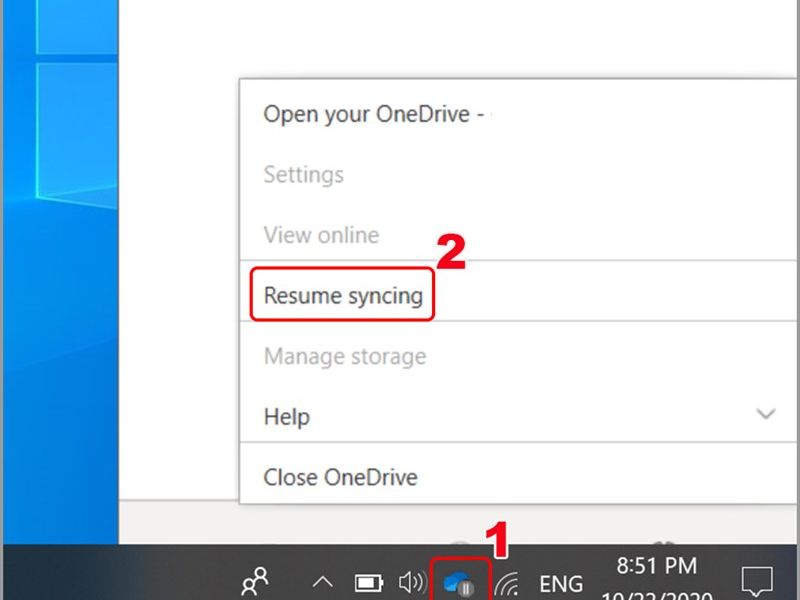 Để bật lại đồng bộ, bấm chọn Resume syncing 