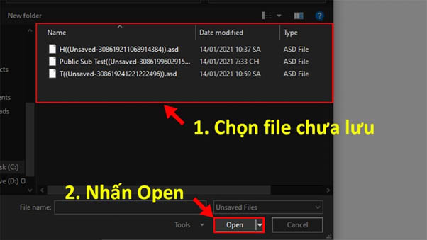 Chọn file chưa lưu