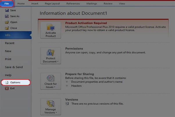 Chọn File > Options