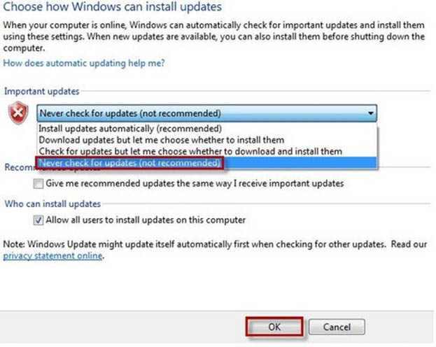 chọn t&aacute;c vụ never update