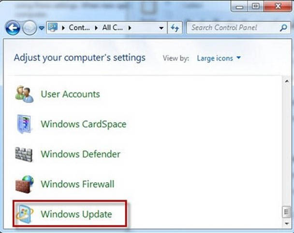 chọn t&aacute;c vụ Windows Update