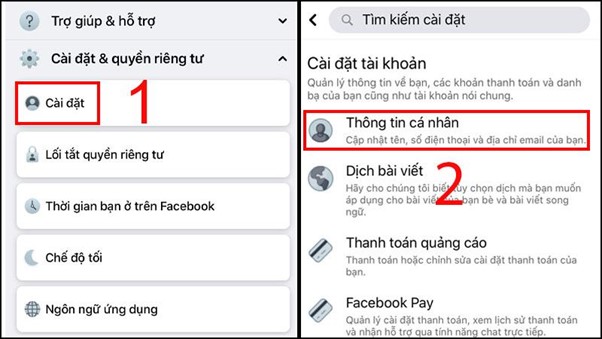 chọn mục Th&ocirc;ng tin c&aacute; nh&acirc;n