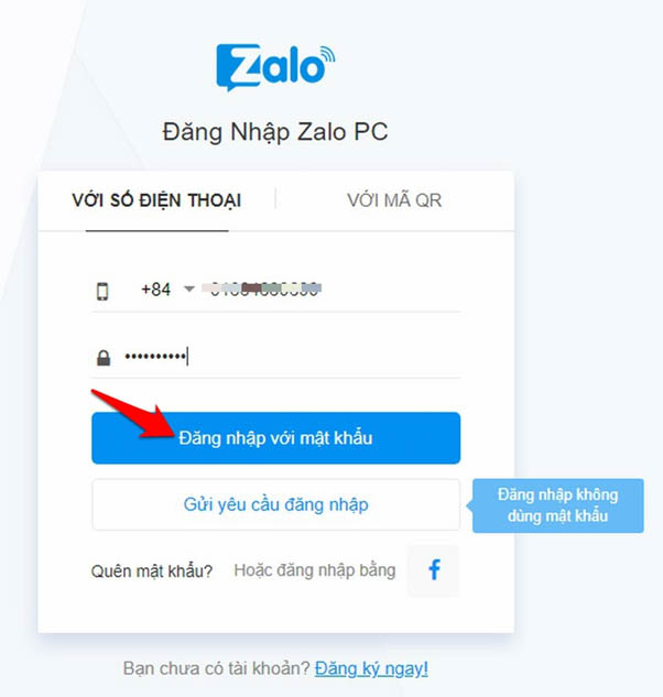 Đăng nhập Zalo bằng t&agrave;i khoản c&oacute; sẵn