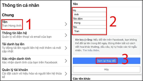 Chỉnh sửa Họ, T&ecirc;n đệm v&agrave; T&ecirc;n theo &yacute; muốn