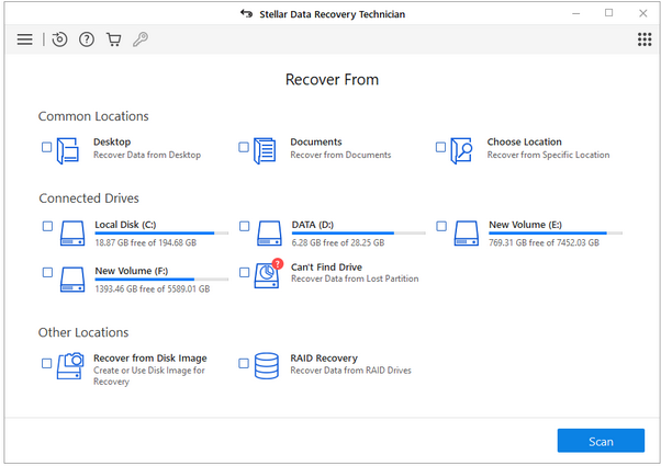 giao diện phần mềm Stellar Data Recovery