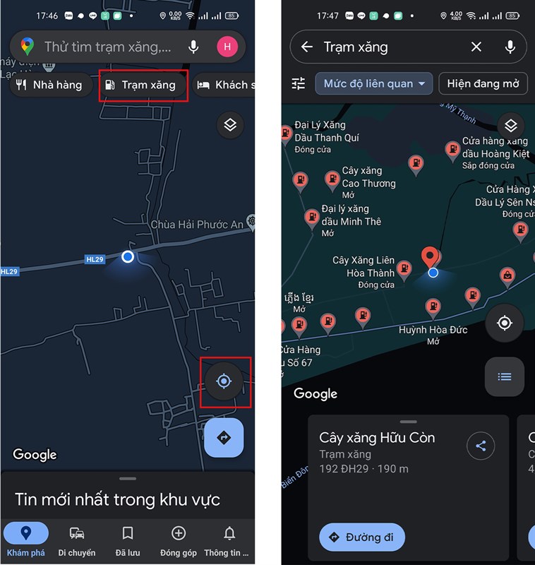 Mở Google Map và chọn vào mục cây xăng