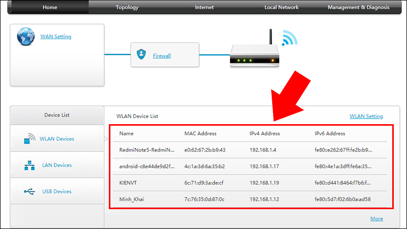 Các thiết bị hiện đang kết nối với WiFi sẽ được hiển thị tại website Bước 6