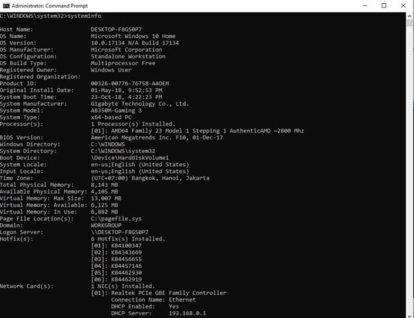 Kiểm tra thông tin cấu hình máy tính bằng Command Prompt