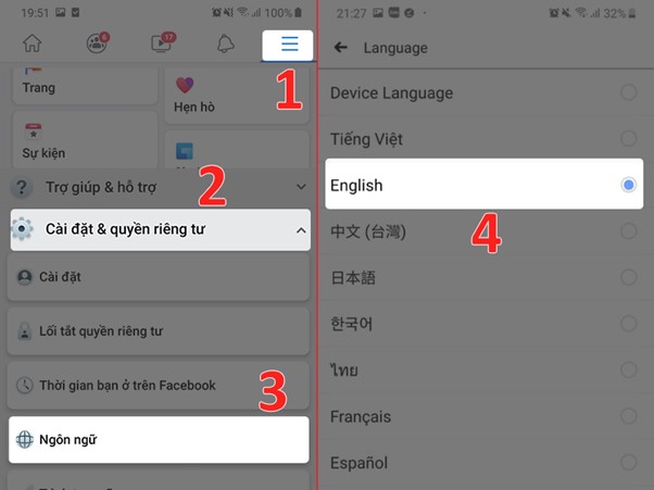 chuyển ng&ocirc;n ngữ sang English rồi cuối c&ugrave;ng nhấn Lưu