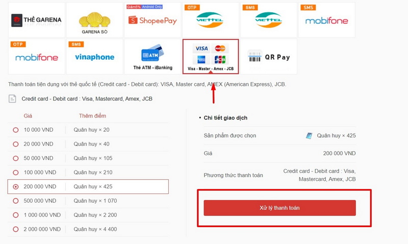 NNạp thẻ game bằng ATM hoặc VISA, Master Card