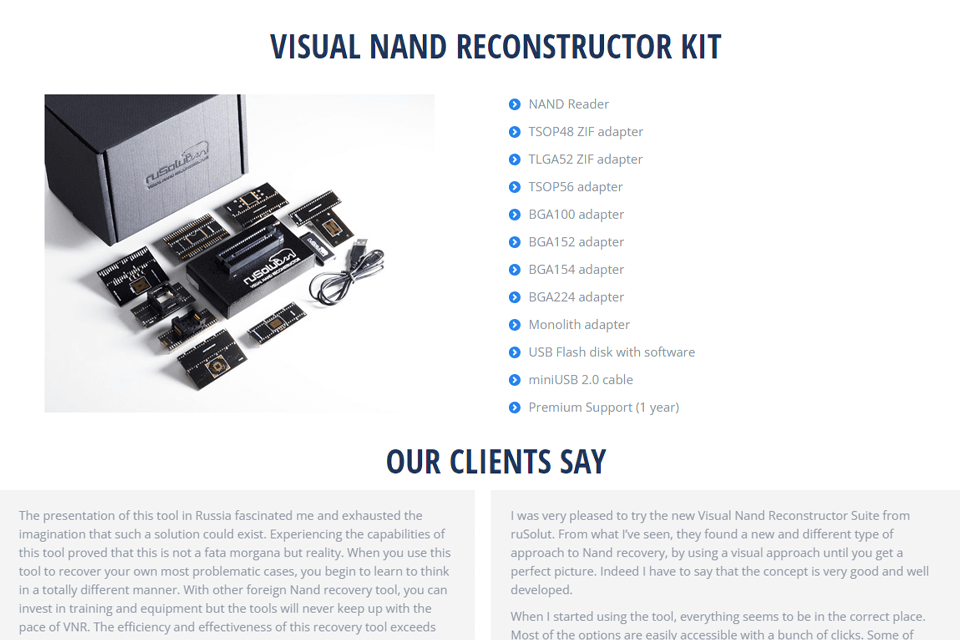 Bộ Visual NAND Reconstructor (VNR) của Rusolut: NAND Reader và các adapter TSOP/LGA/BGA/Monolith