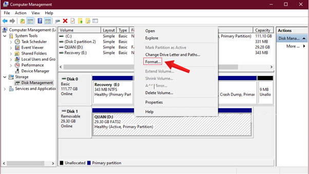 Sử dụng c&ocirc;ng cụ Disk Management hỗ trợ Format thẻ USB