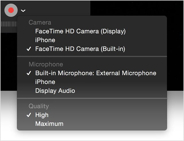 Thanh c&ocirc;ng cụ hỗ trợ điều chỉnh quay video với Camera tr&ecirc;n QuickTime 